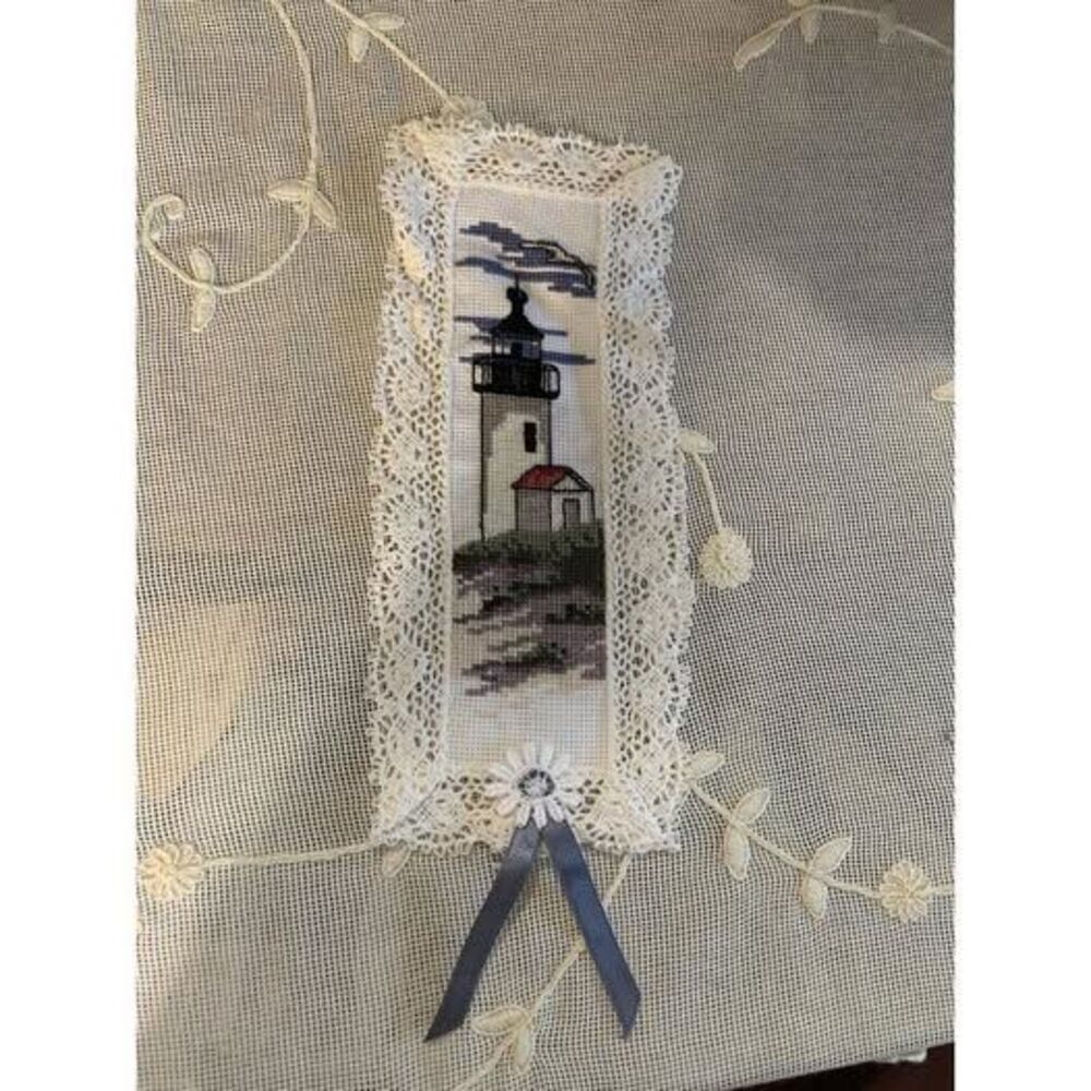 Completed CrossStitch Lighthouse and Lace BookMark 8.5"x3.5"